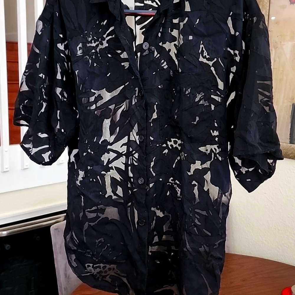 Black burnout sheer button down blouse